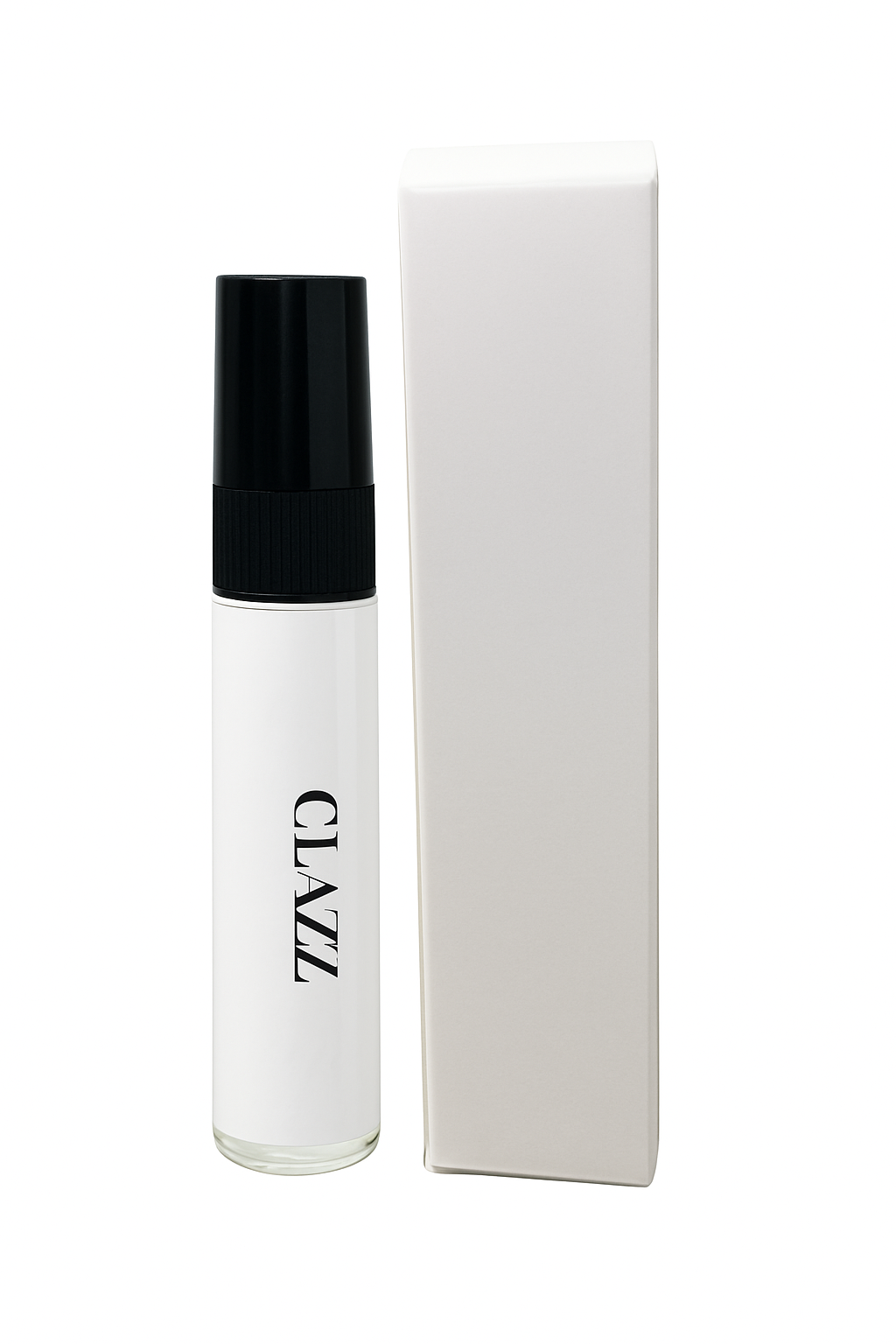 White bottle with black cap and 'GLAZZ' branding next to a white box on a white background
