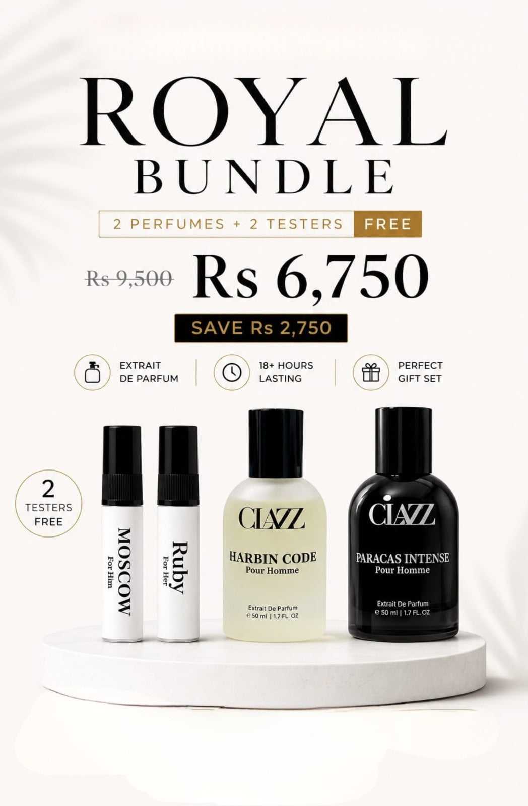 Royal Bundle featuring two perfumes and two testers, including Moscow and Ruby, with a stylish design.